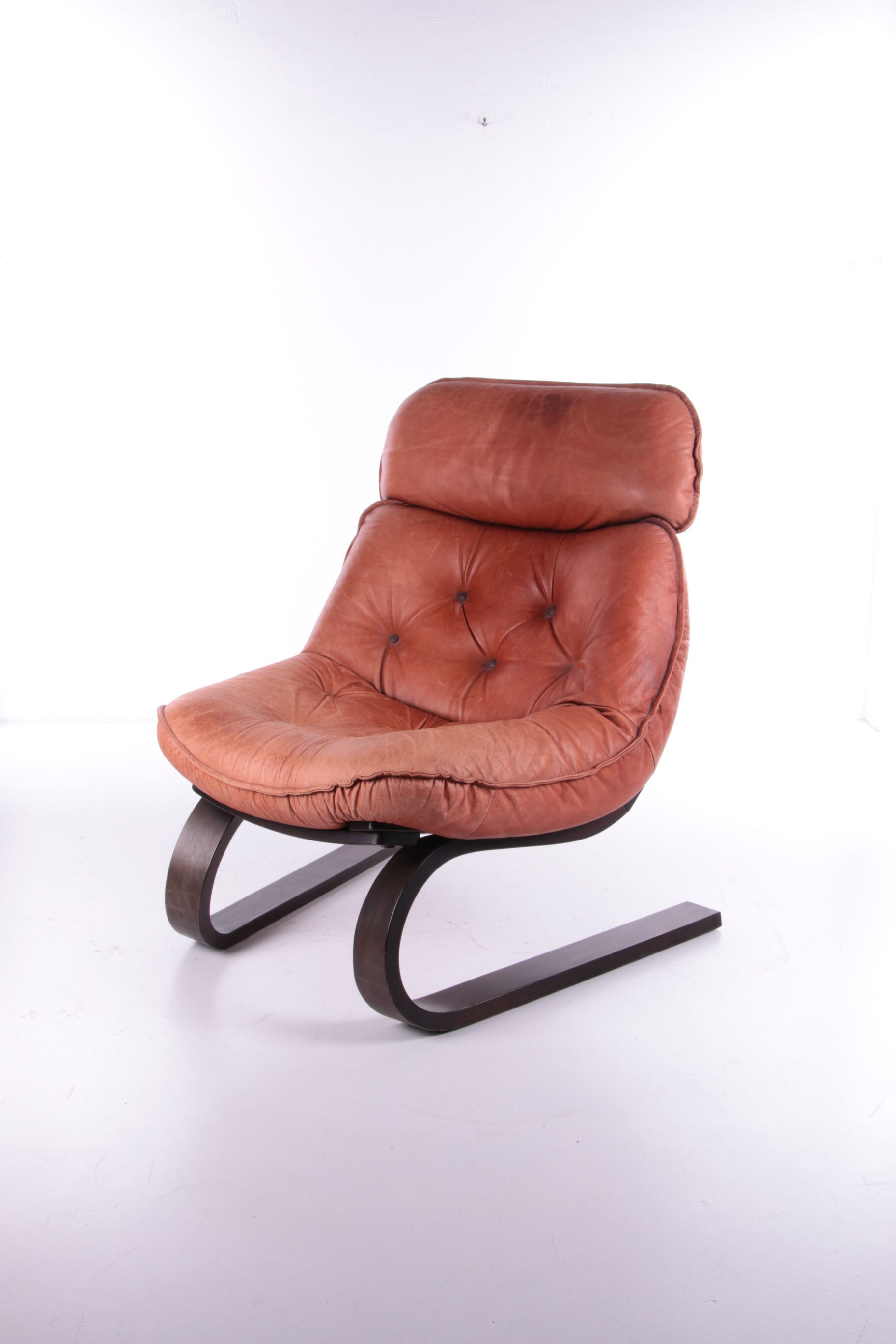 Vintage Brazilian Armchair with Cognac color leather seat cushion, 70s
