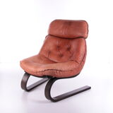 Vintage Brazilian Armchair with Cognac color leather seat cushion, 70s