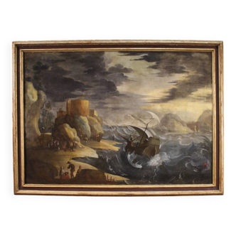 Grande peinture marine du XVIIe siècle représentant une mer agitée