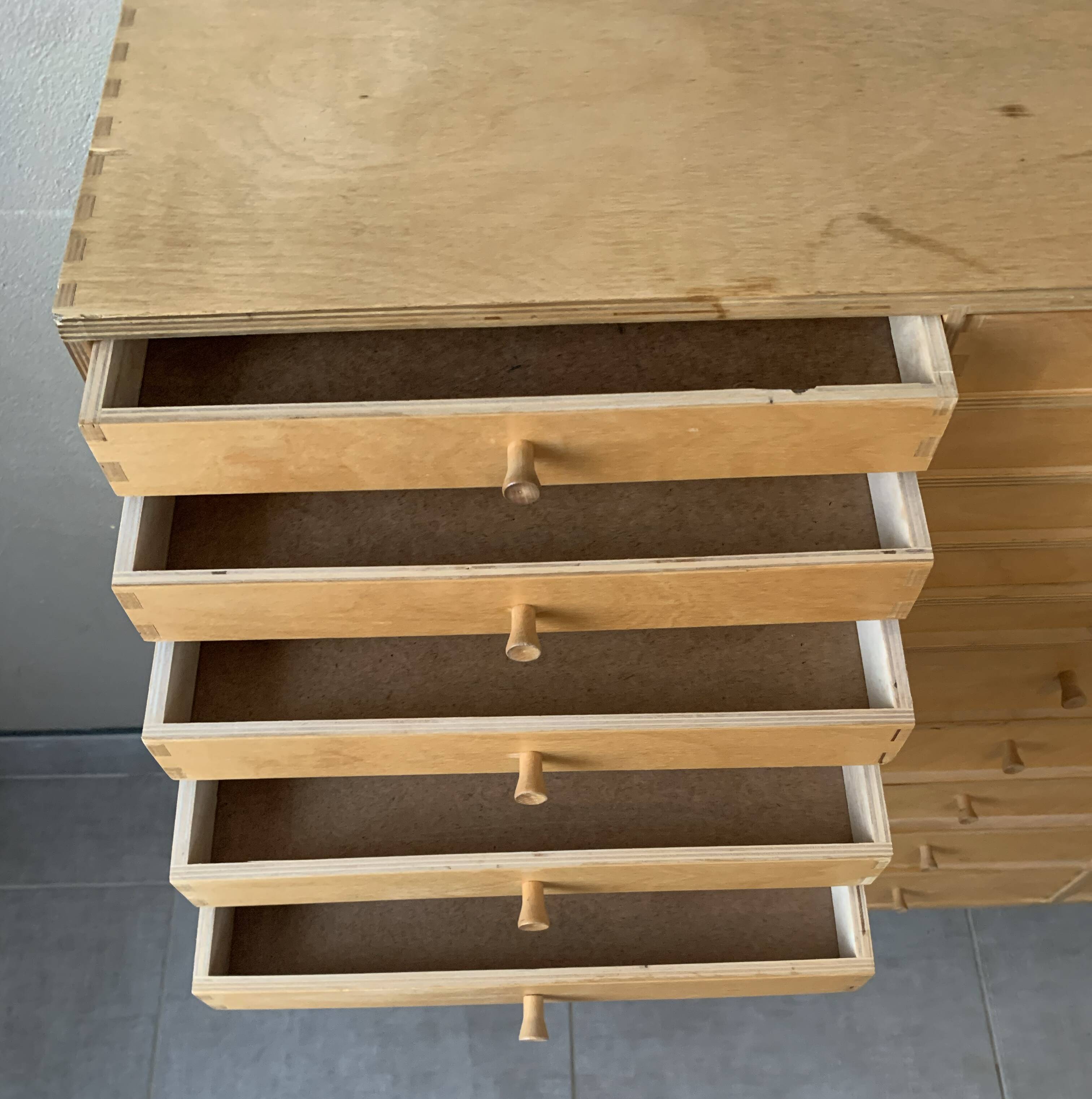 Vintage 20-drawer craft cabinet, 1960s in raw wood