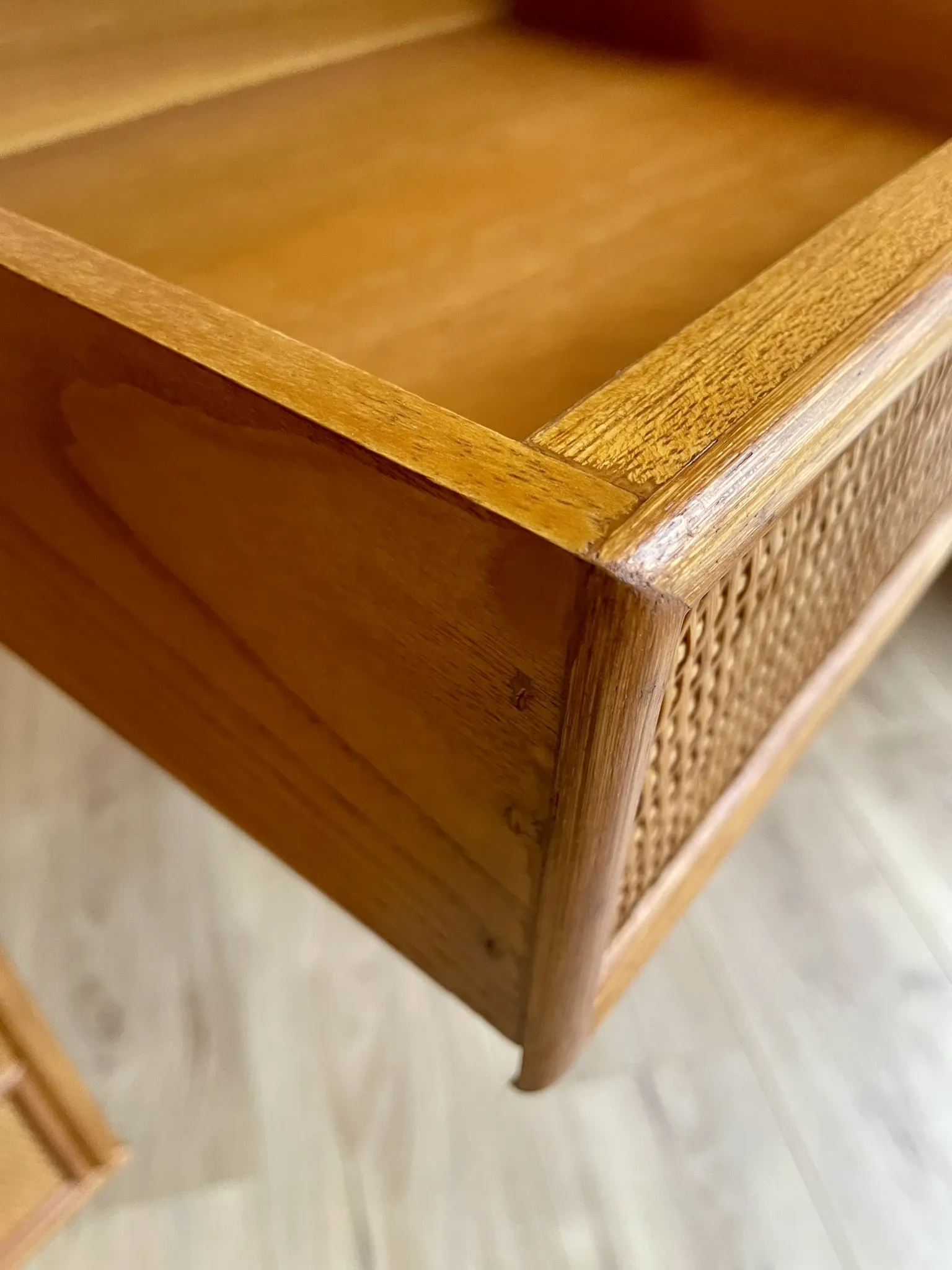 Cane work desk / Rattan glass top 9 drawers shallow depth