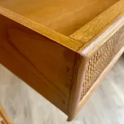 Cane work desk / Rattan glass top 9 drawers shallow depth