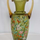 Enamelled green glass vase