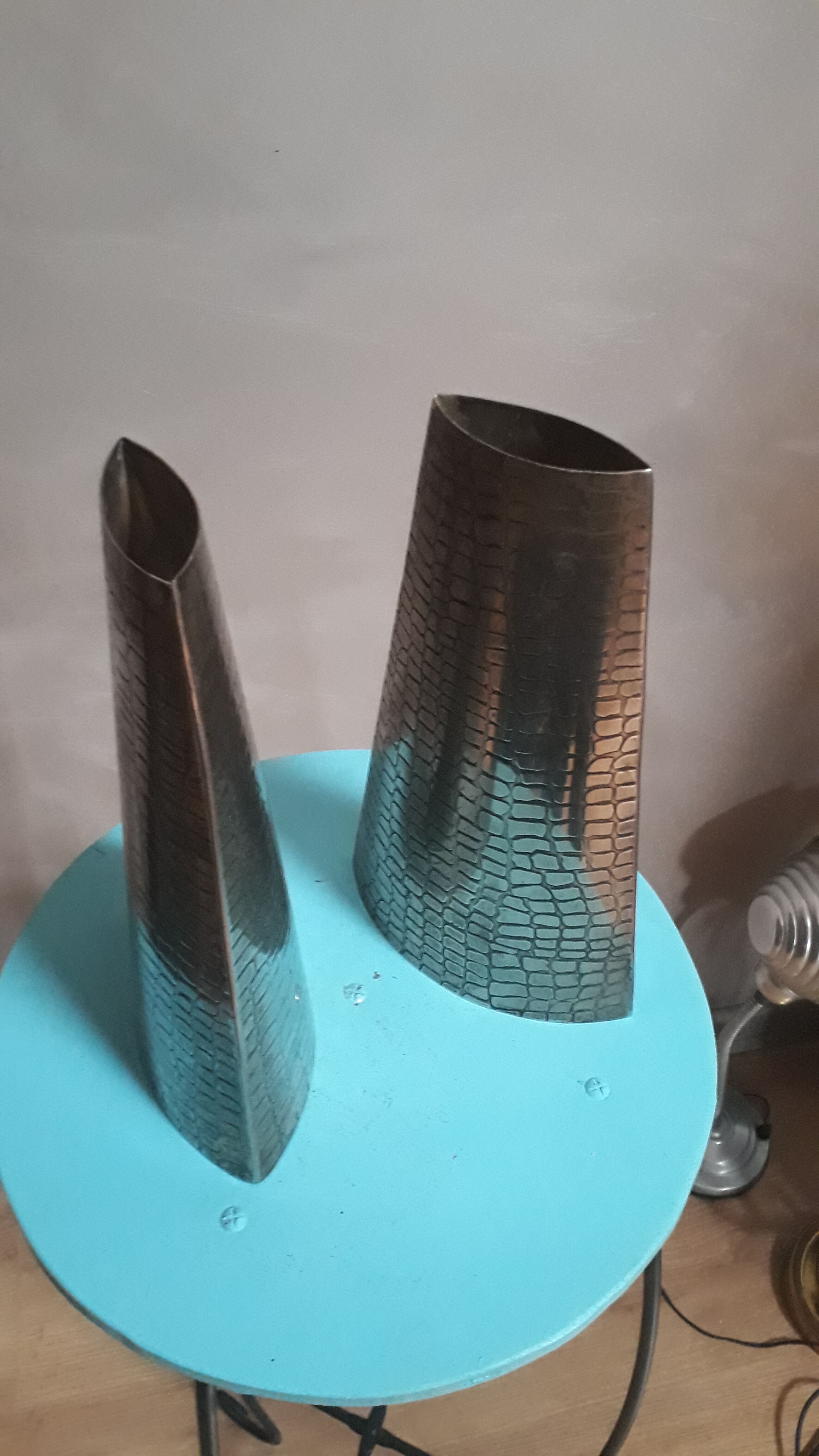 Silver metal vases reptile skin 1970