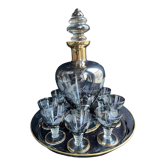 Service à liqueur complet en cristal gris argenté et doré gravé