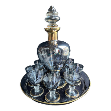 Service à liqueur complet en cristal gris argenté et doré gravé