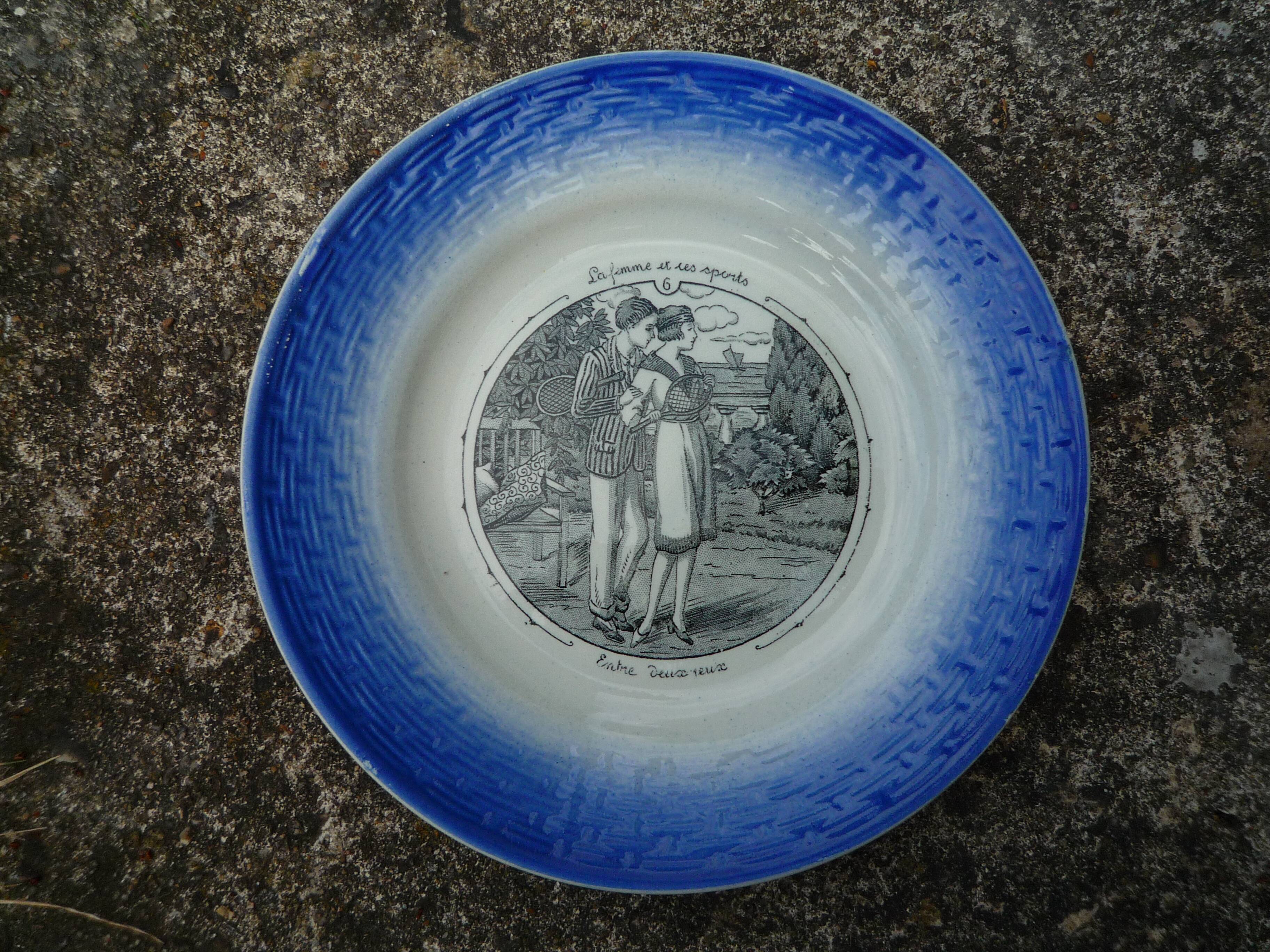 9 humorous old dessert plates "Women and sports"