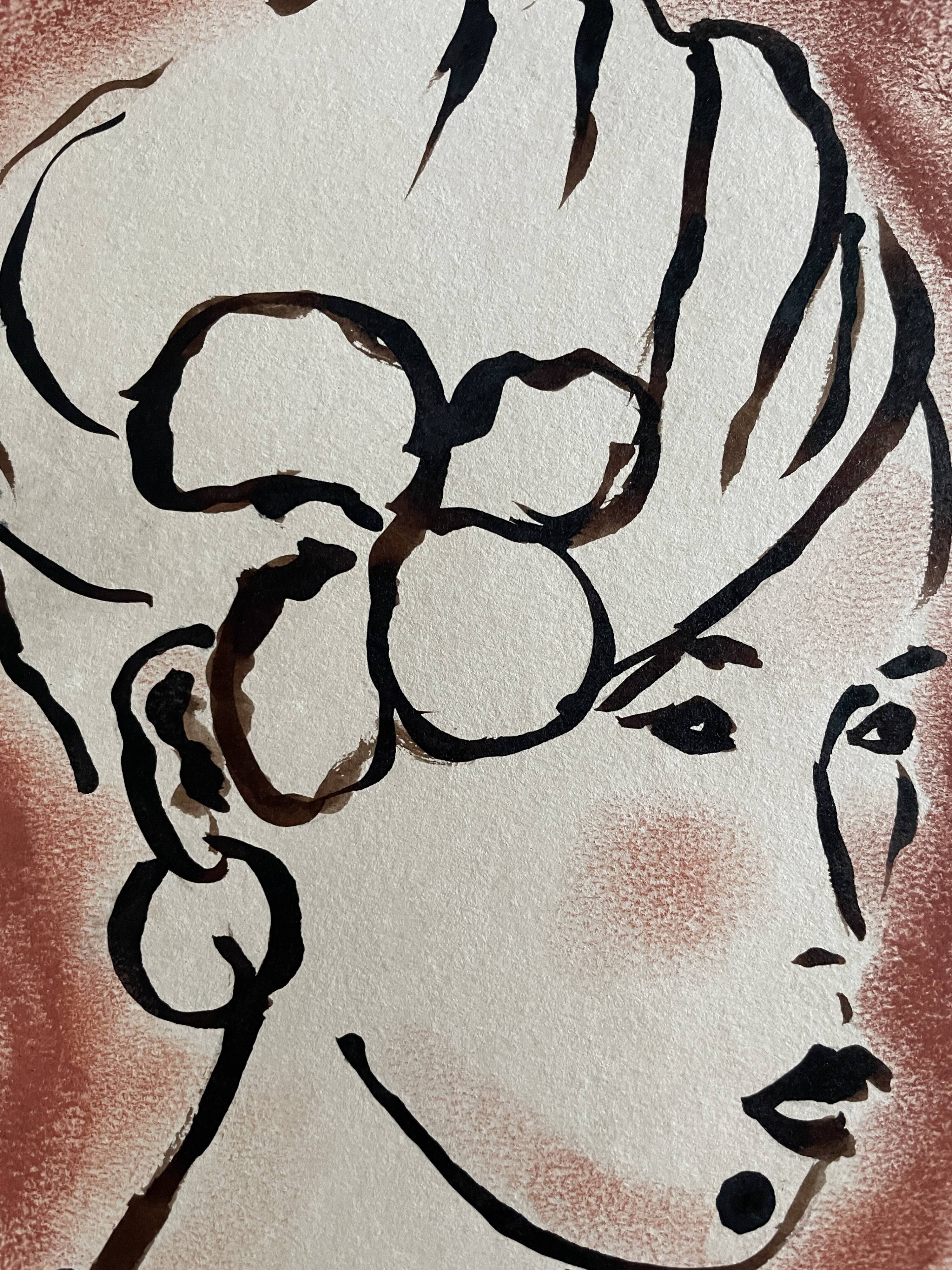 Signed painting in Indian ink and pastel, female portrait “study with a curl”