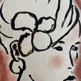 Signed painting in Indian ink and pastel, female portrait “study with a curl”