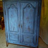 End 18th century wardrobe provençale all solid oak patinated blue by artisan cabinetmaker