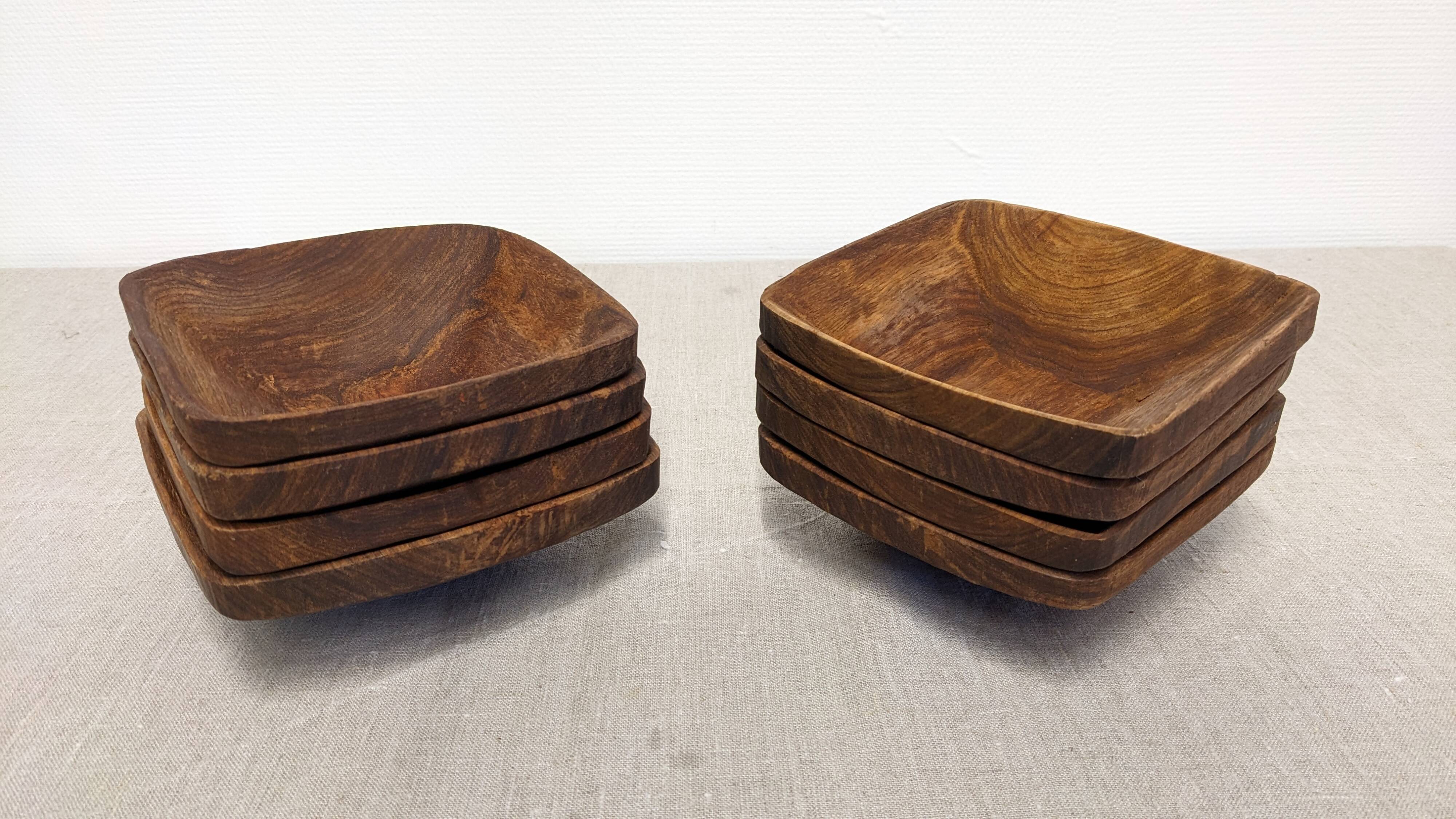 Set of 8 Scandinavian olive wood ramekins, France circa 1960.