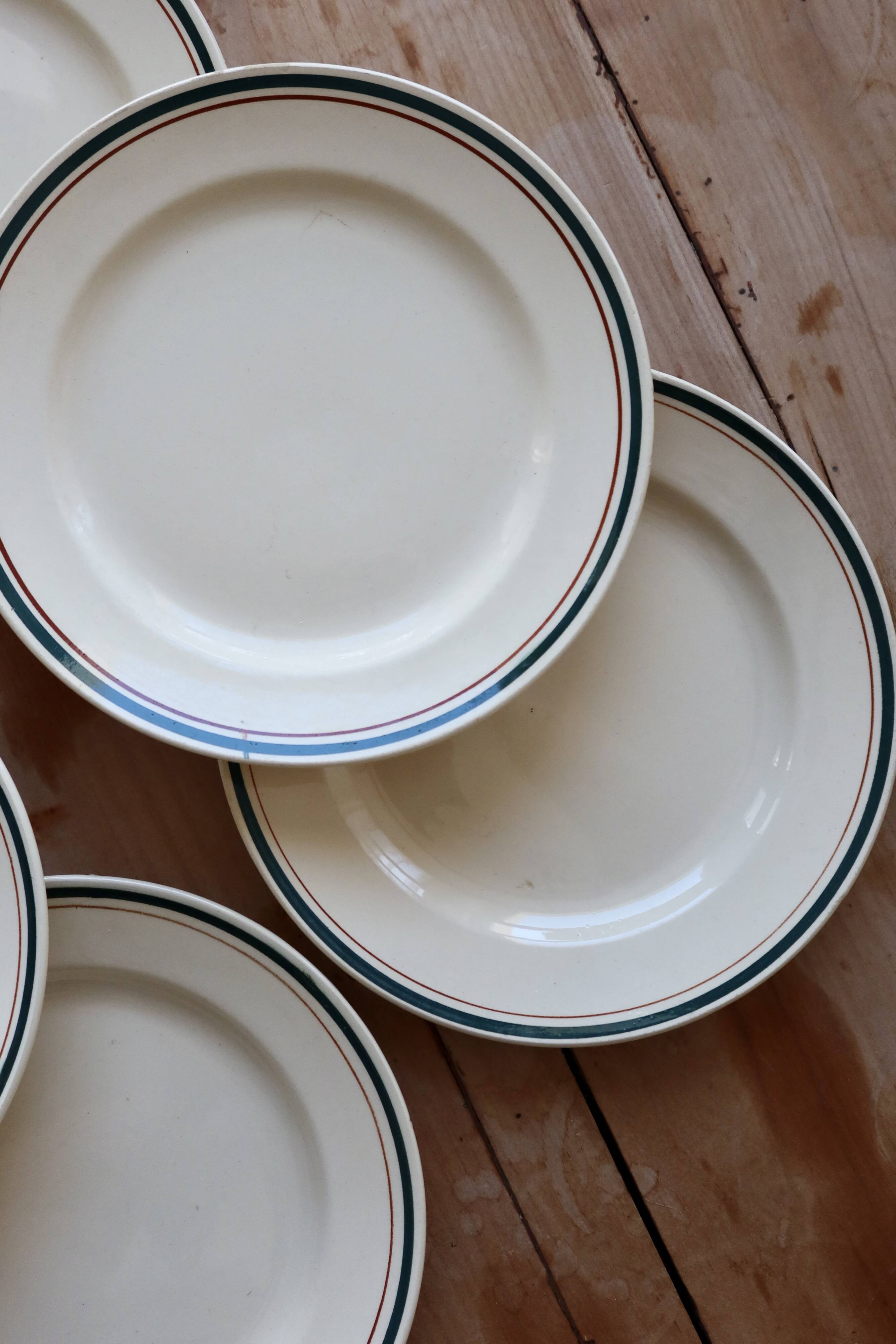 6 assiettes à dessert vintage faïence beige double liseré multicolore