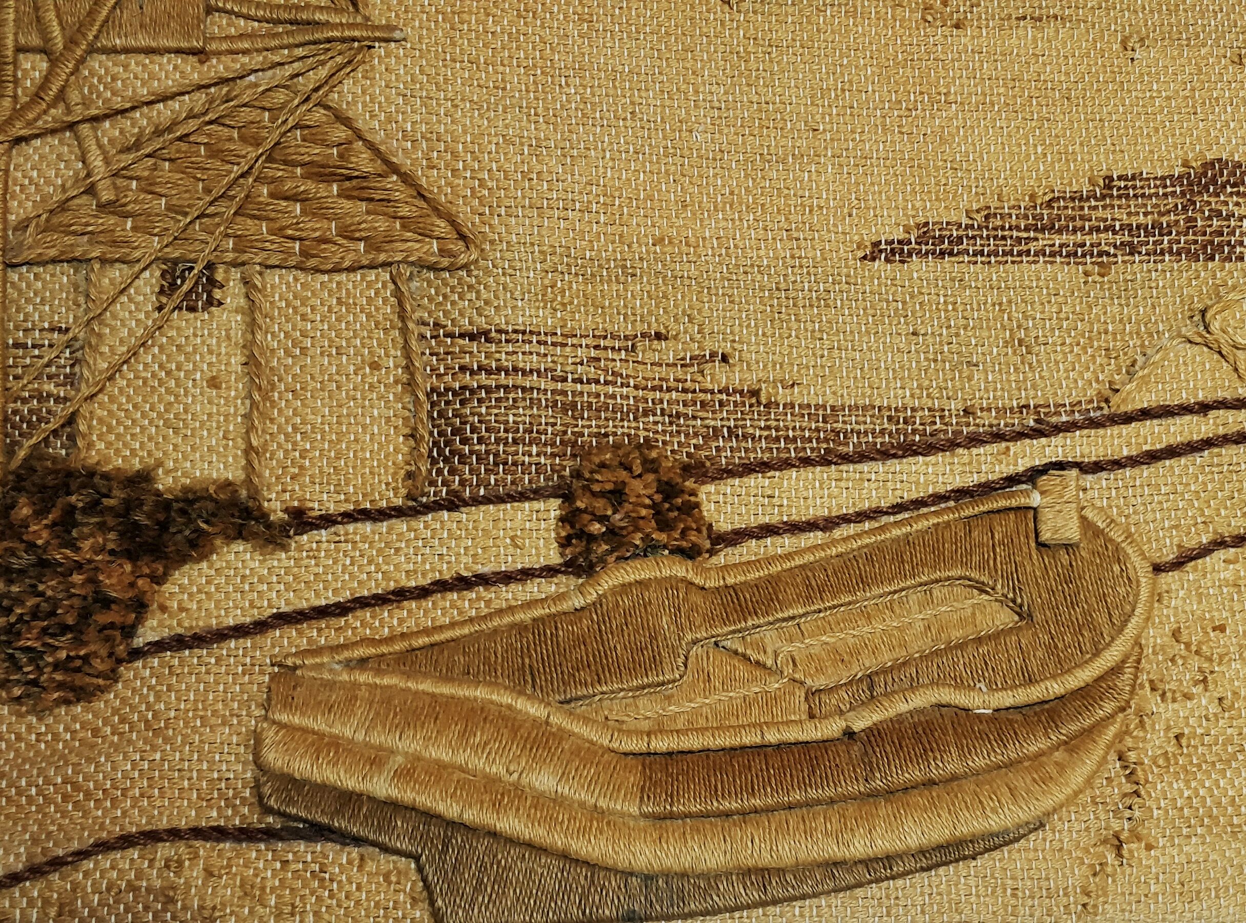 Tapestry in jute year 70 Boat and house