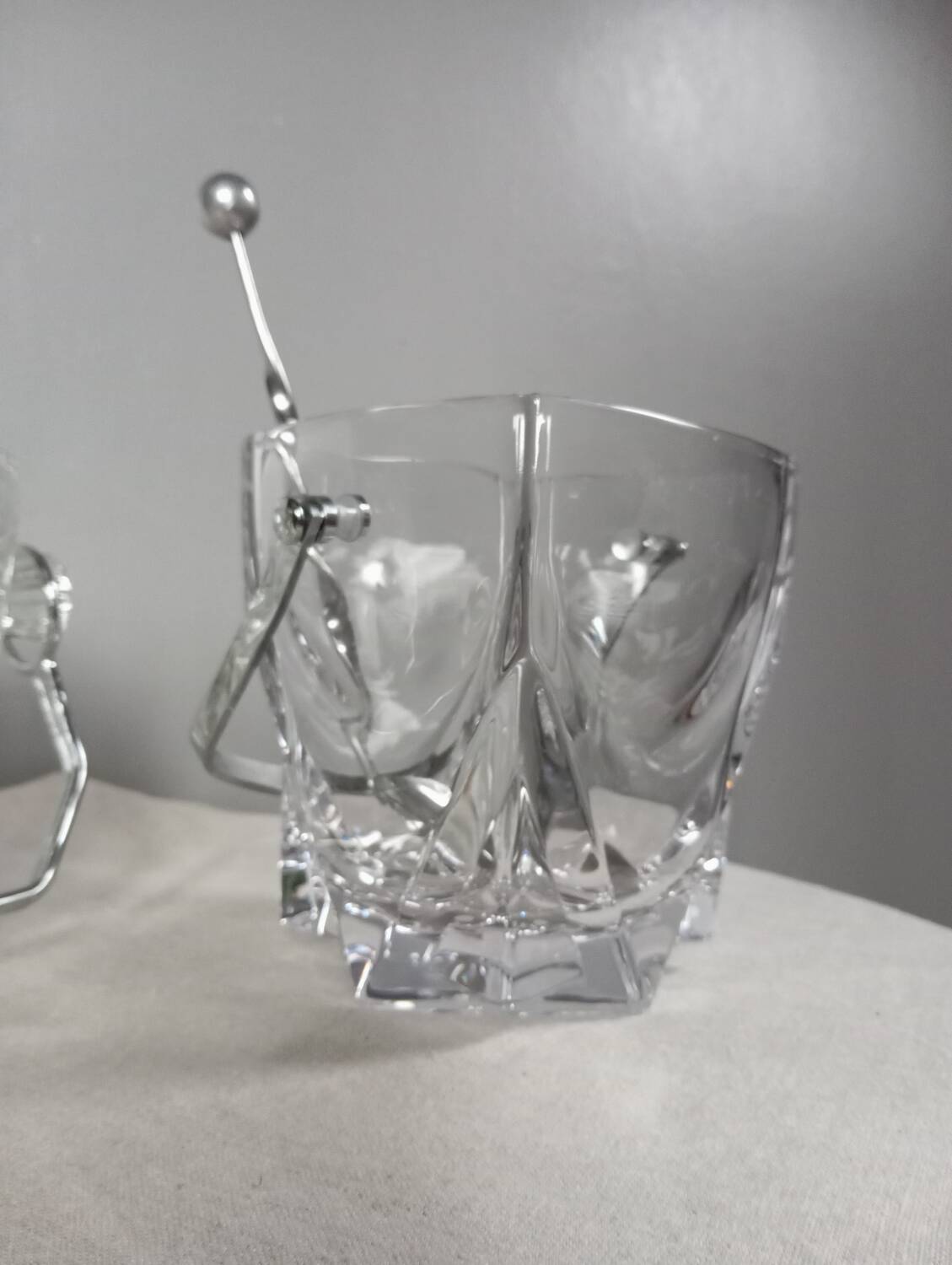 Duo of crystal ice buckets, silver metal, vintage