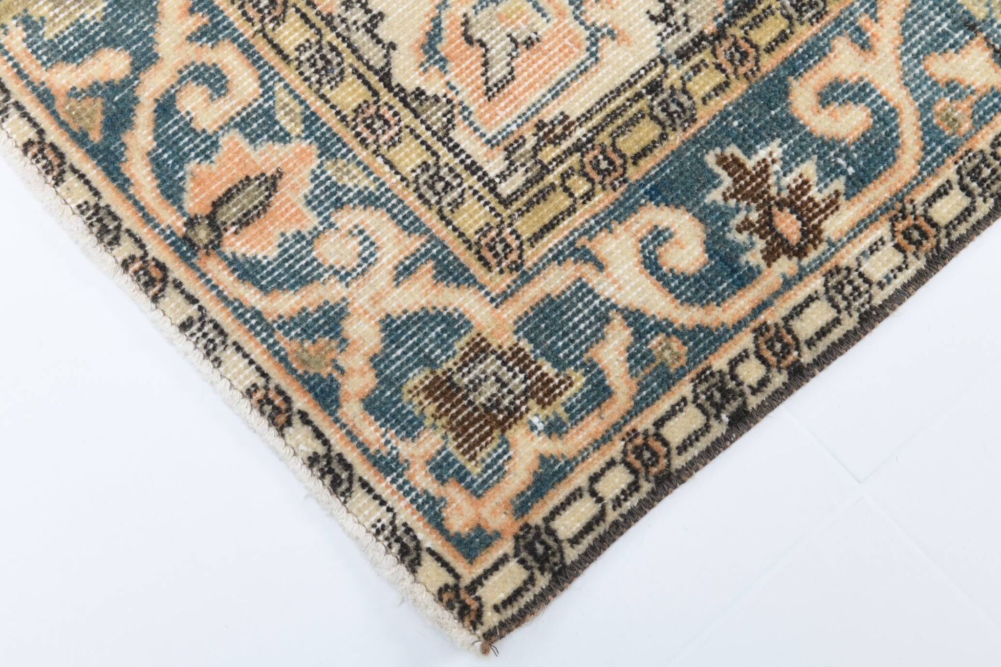 Vintage Peach Oriental Rug, Faded Petrol Blue Border, Soft Handmade Carpet