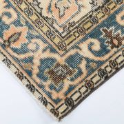 Vintage Peach Oriental Rug, Faded Petrol Blue Border, Soft Handmade Carpet
