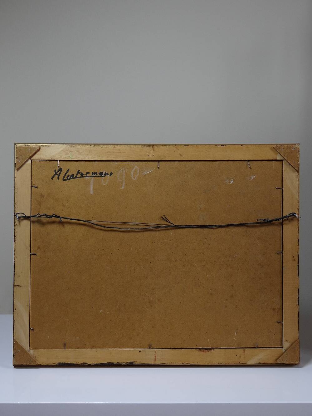 Oil on panel small rural village, vintage framed painting from the 1950s-1970s.