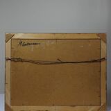 Oil on panel small rural village, vintage framed painting from the 1950s-1970s.