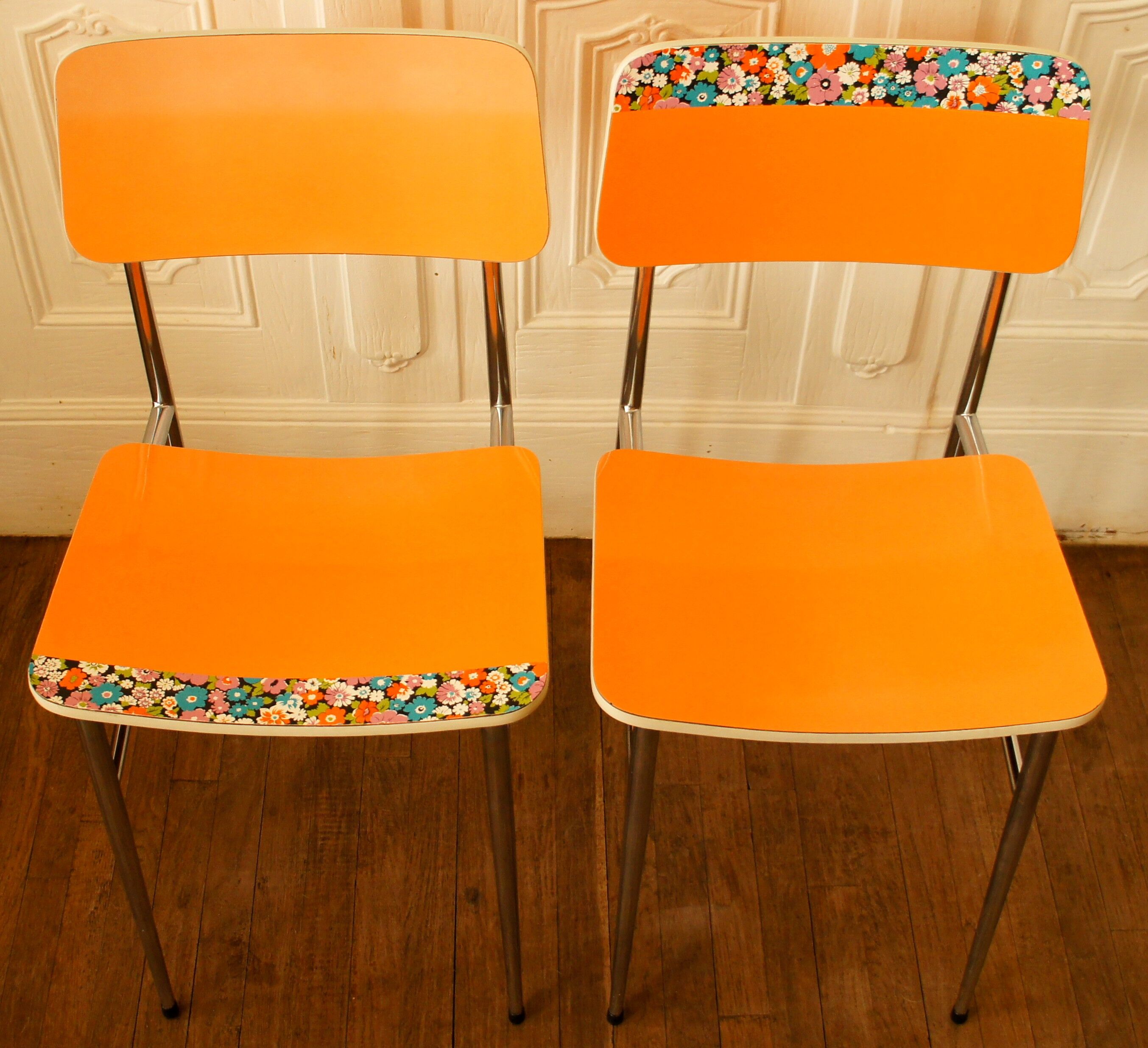 Pair of orange Formica "Tublac" chairs