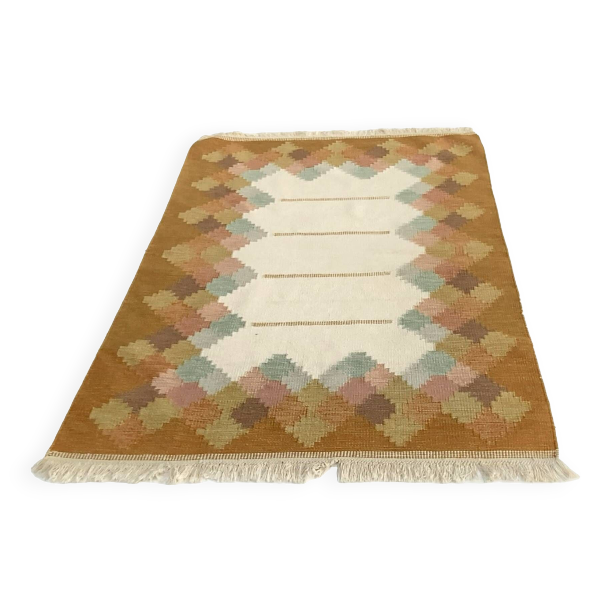 Swedish Flat-Weave Kilim Rölakan Rug Honey dominant colours, Ornamental 1960-70s