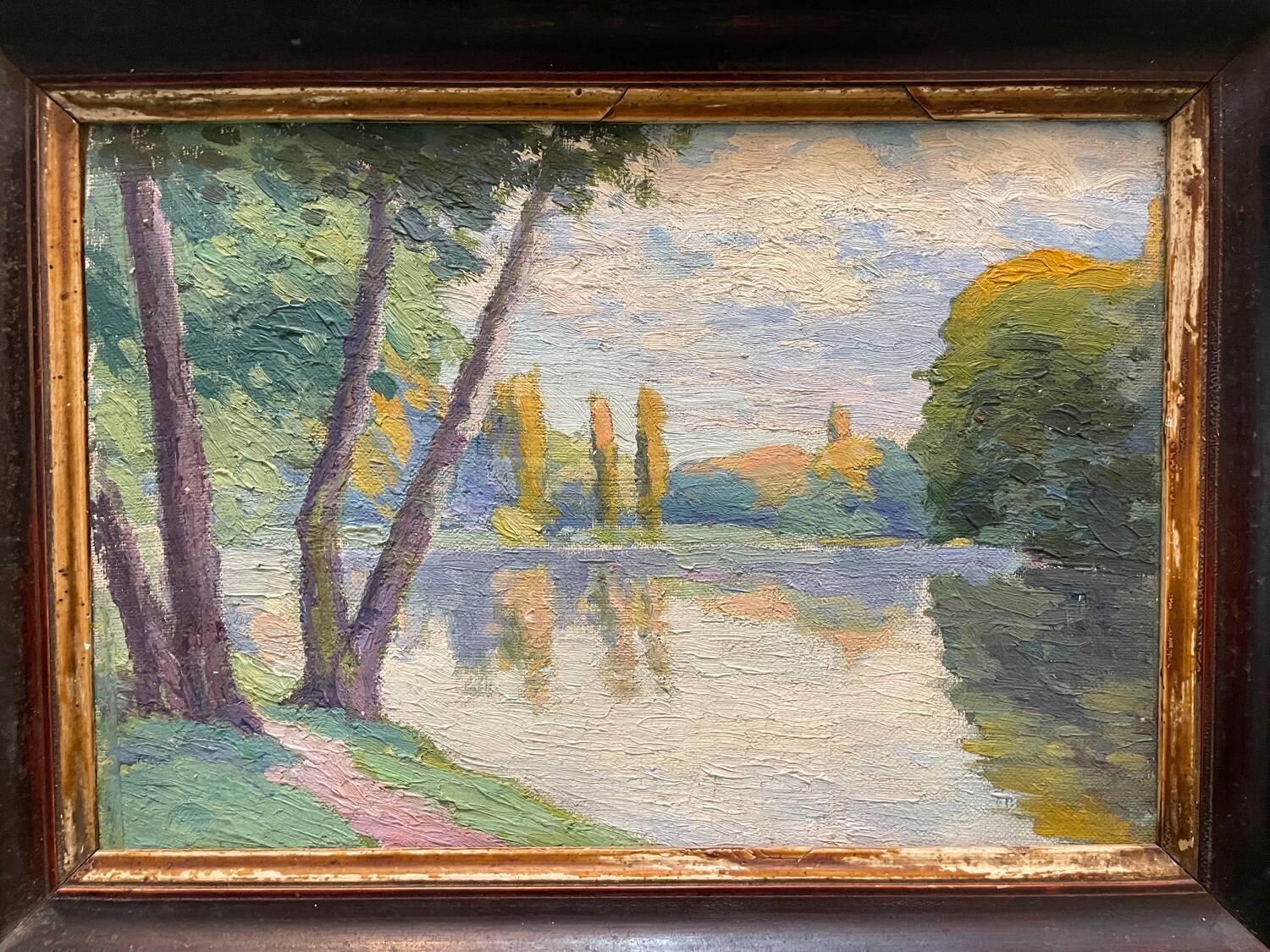 Antique painting, landscape study of reflections on water, 20th century