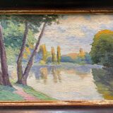 Antique painting, landscape study of reflections on water, 20th century