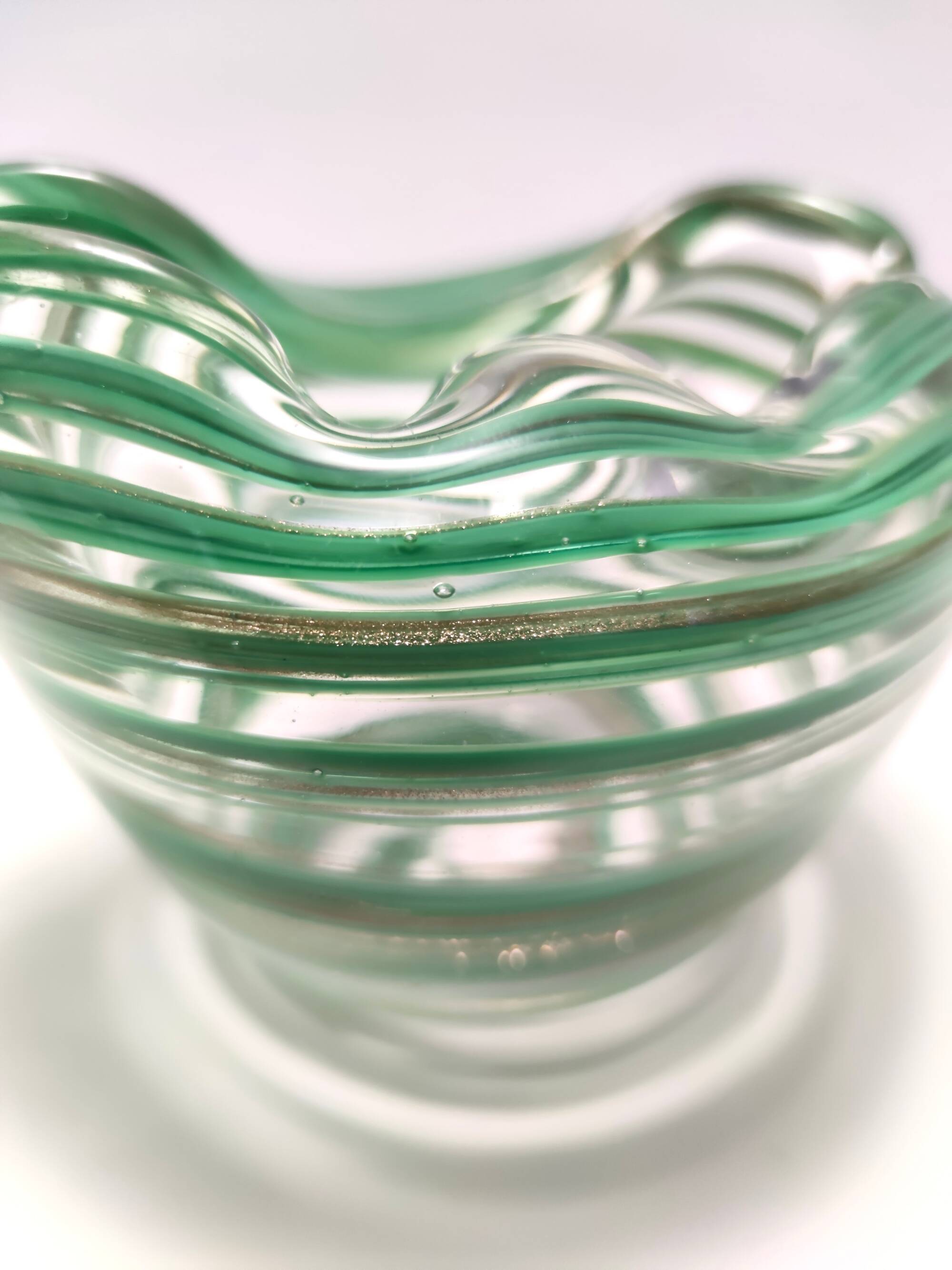 Murano Glass Bowl or Ashtray with Green Canes and Aventurine Glass, Italy