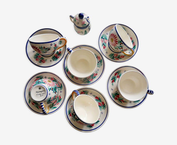 Service à café en faience de Quimper HB à fleurs