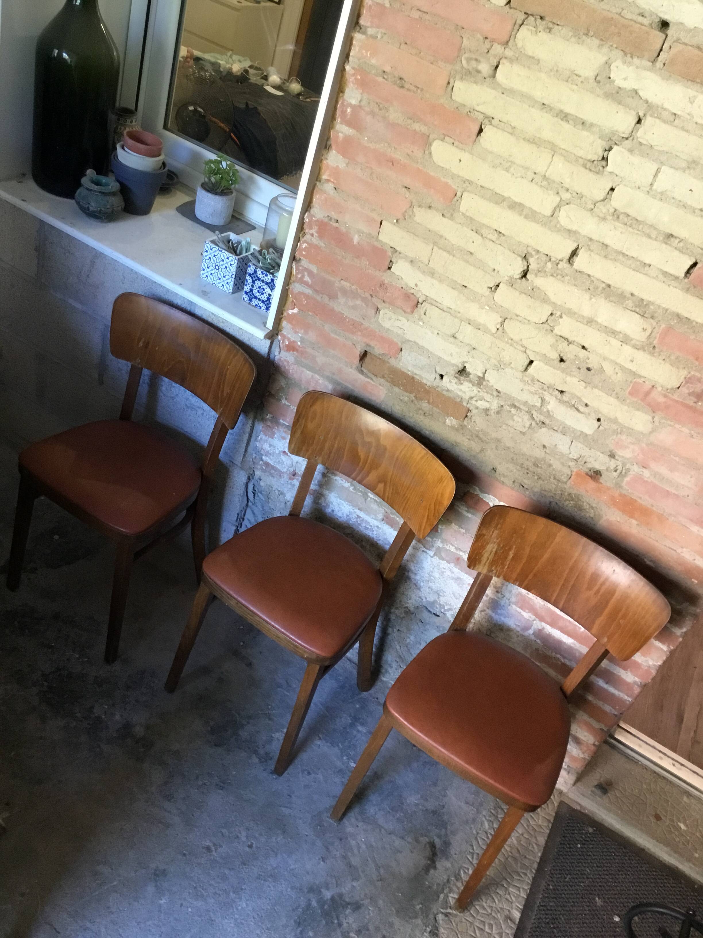 Lot de 3 chaises bistrot thonet bois courbé et skaï marron