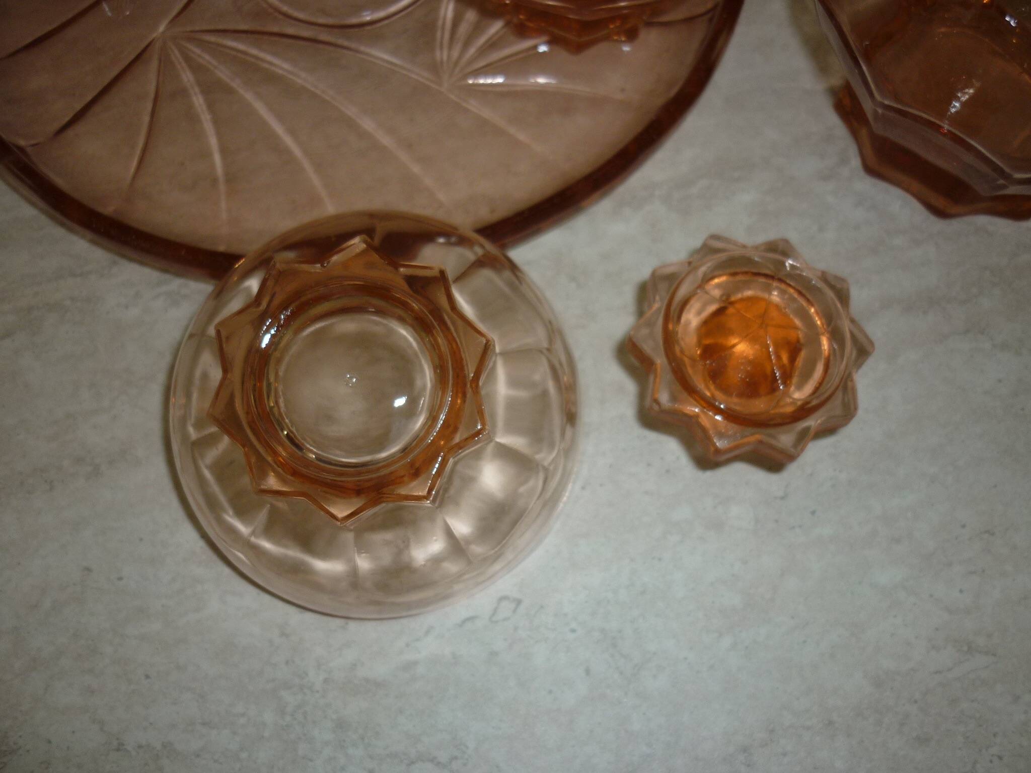 Art deco liqueur service in pink transparent glass with stopper