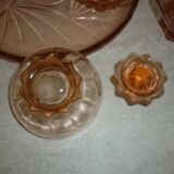 Service à liqueur art déco en verre transparent rose avec bouchon