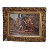 Tableau ancien scène de village