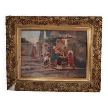 Tableau ancien scène de village