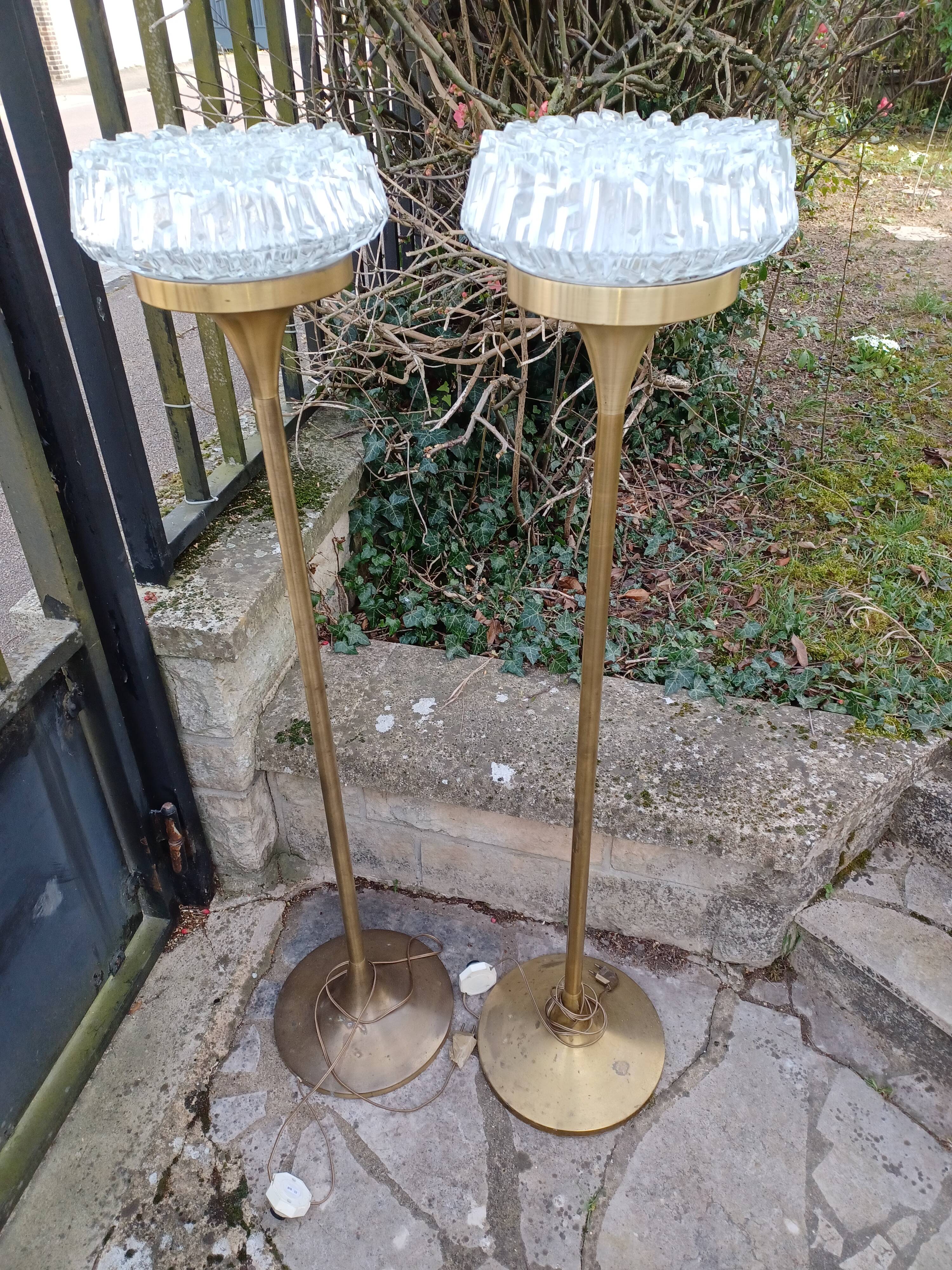 Pair of floor lamps gilded brass and glass maison Arlus 1950s