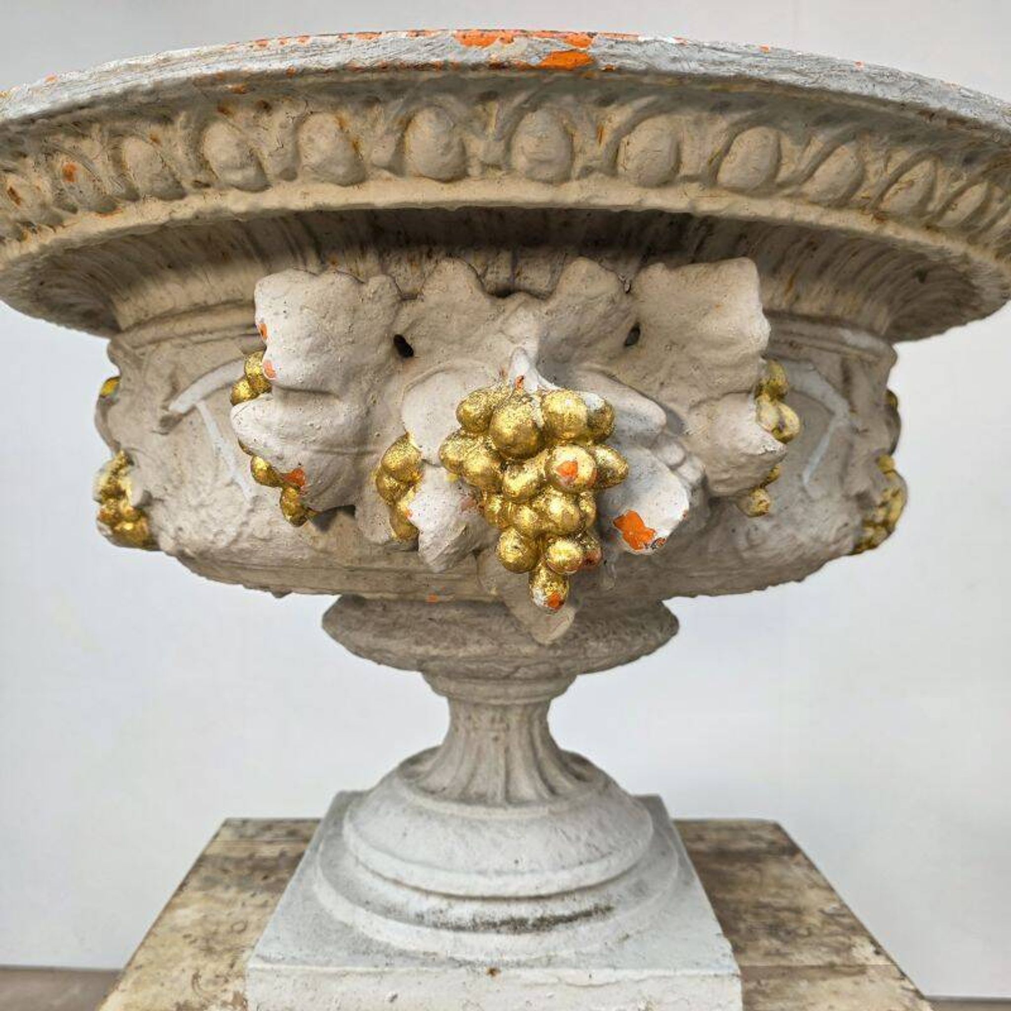 Large pair of 19th-century cast iron basins with vine decoration.