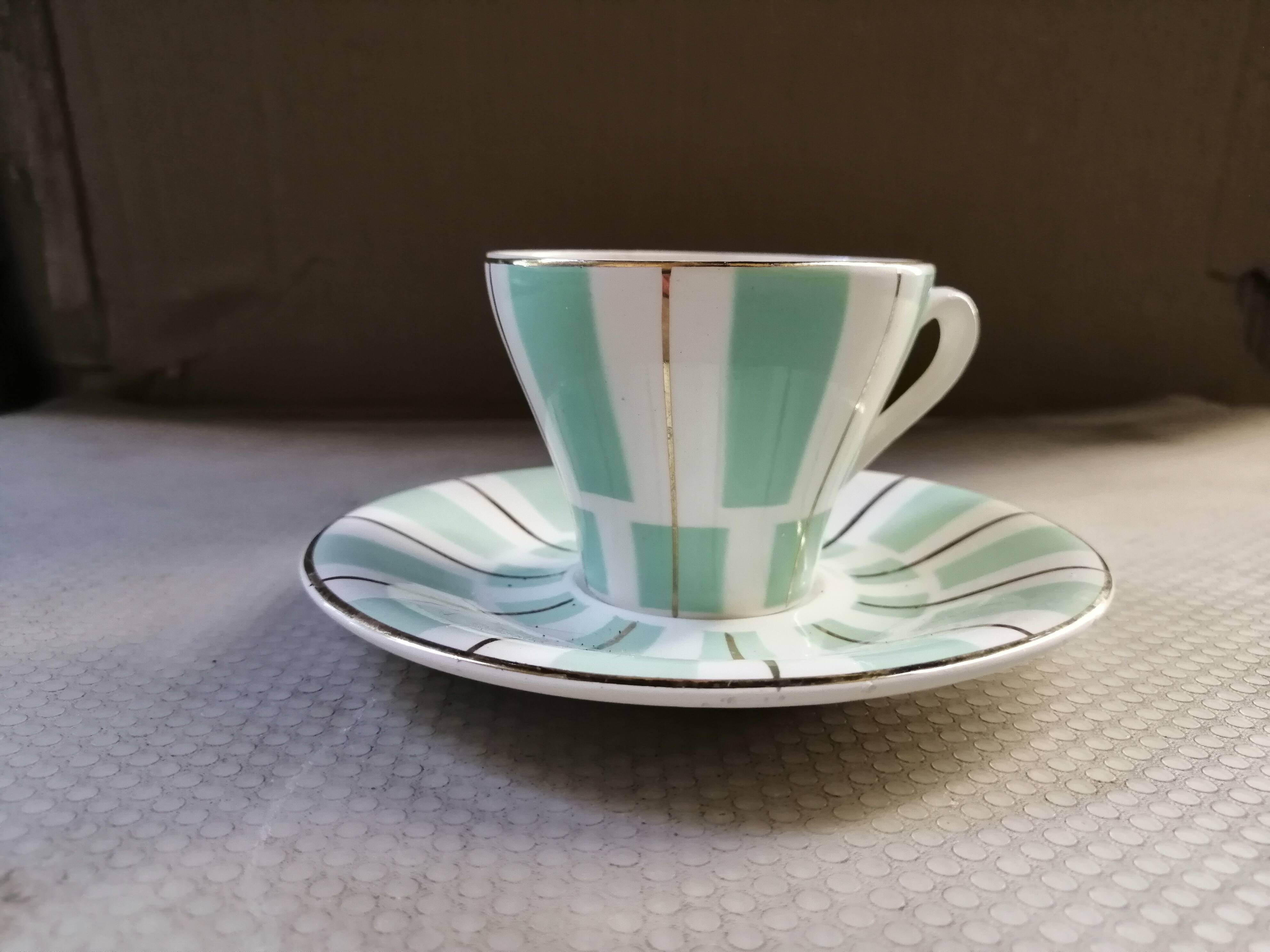 Digoin cup and saucer in green-striped Sarguemines
