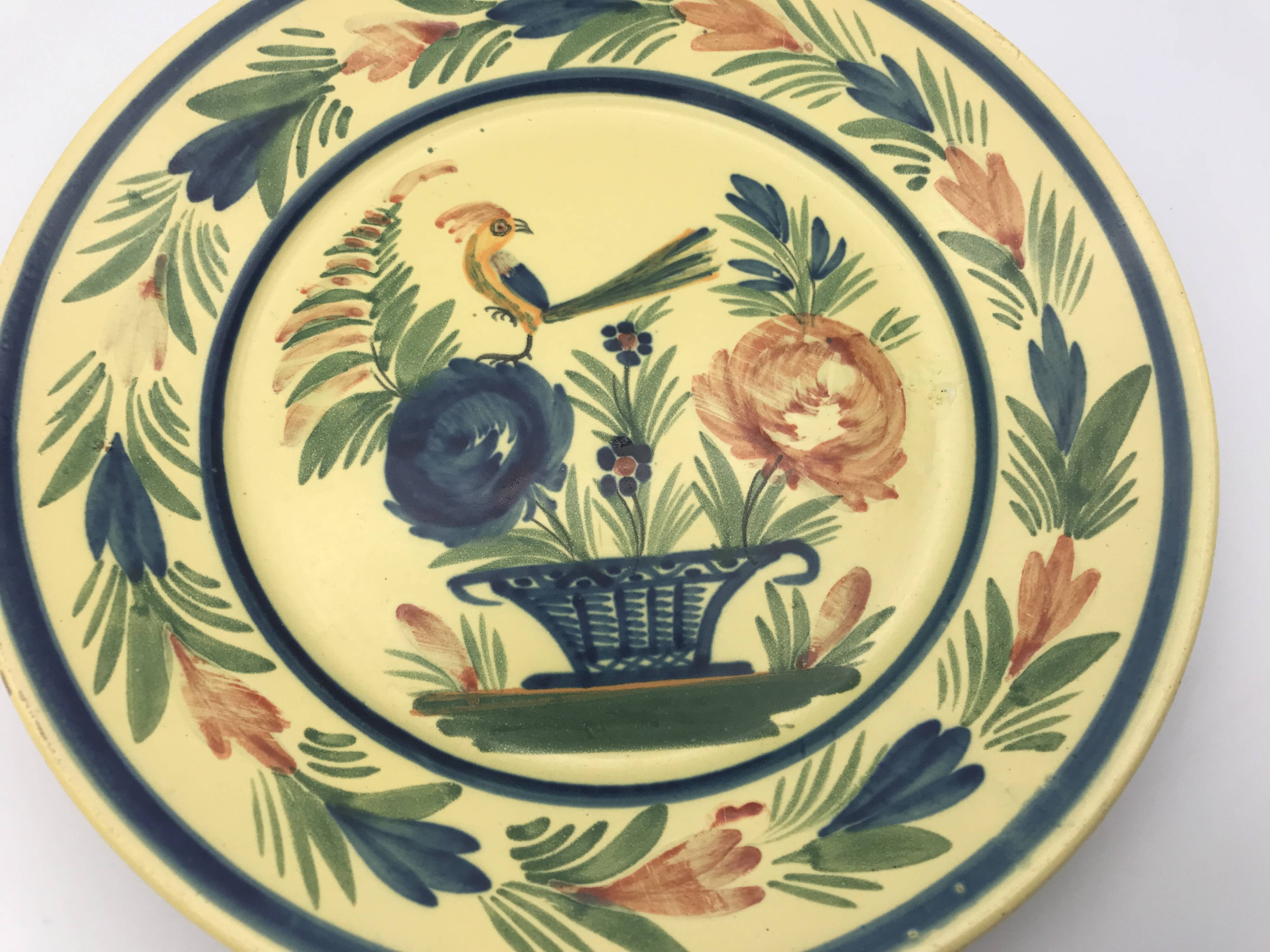 Antique earthenware plate hb henriot quimper floral and bird basket decor