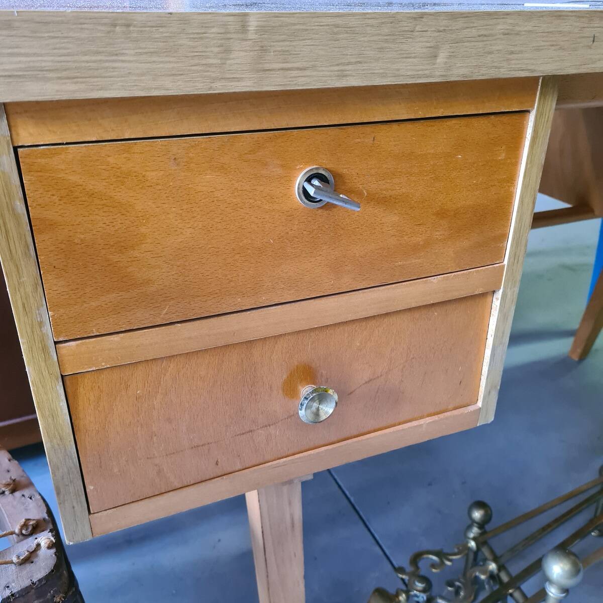 Vintage French Beech veneered Desk From the 1960s.