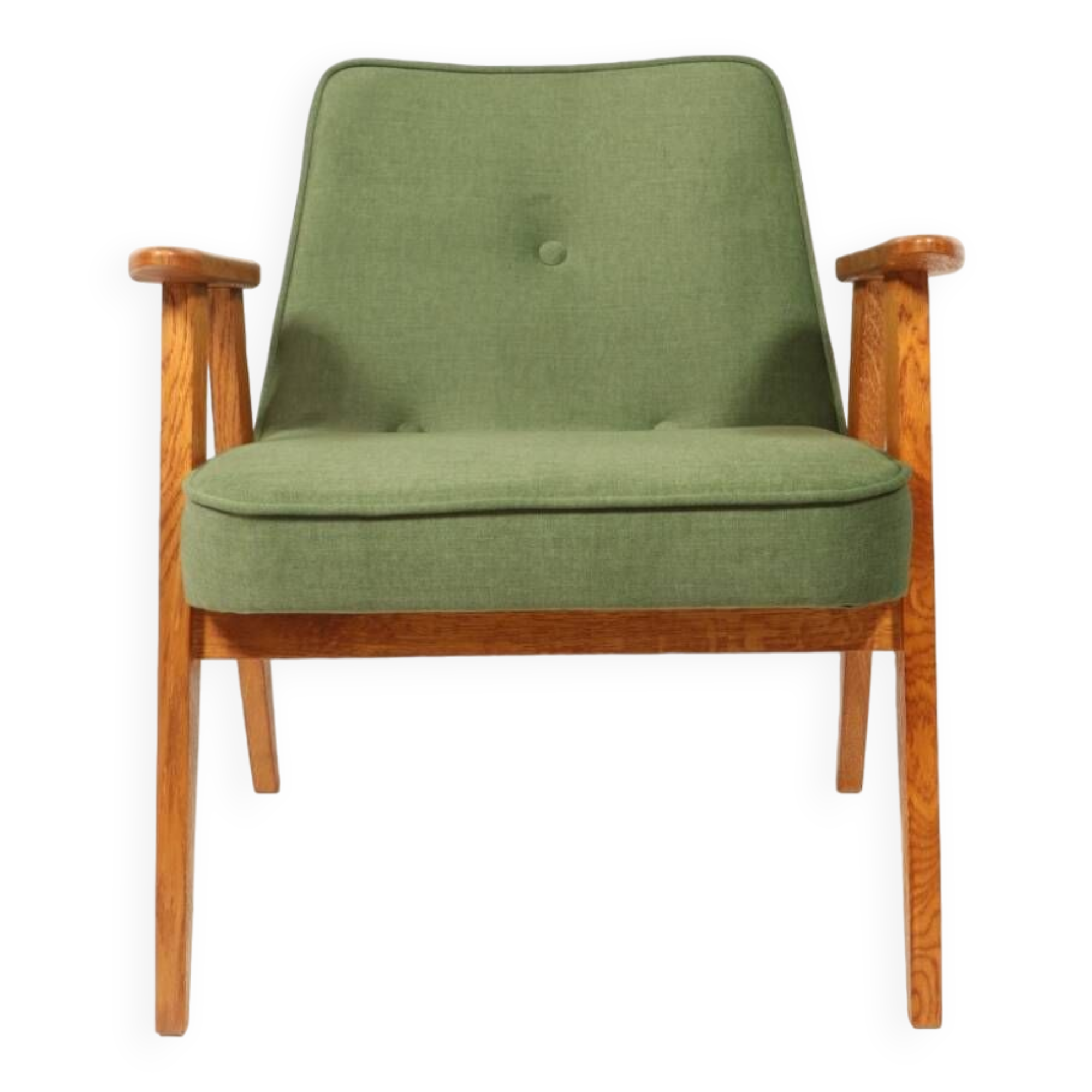 Fauteuil vintage moderne chêne clair vert royal 1962 design par Chierowski