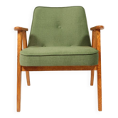 Fauteuil vintage moderne chêne clair vert royal 1962 design par Chierowski