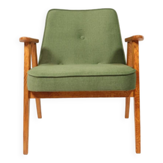 Fauteuil vintage moderne chêne clair vert royal 1962 design par Chierowski