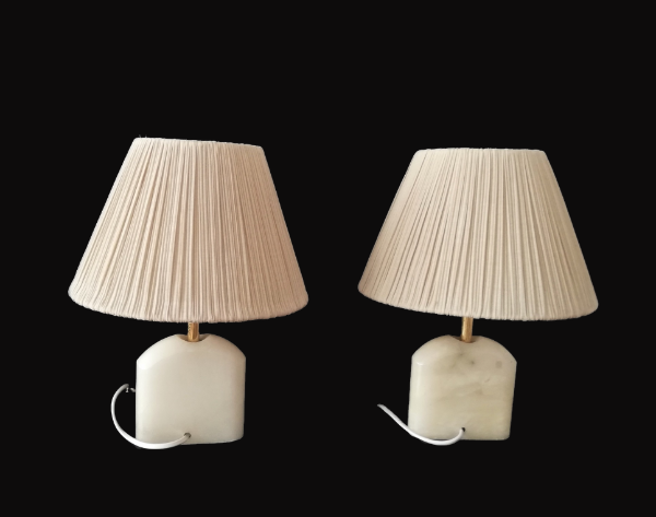 Pair of Art Deco marble alabaster pleated shade table lamps vintage