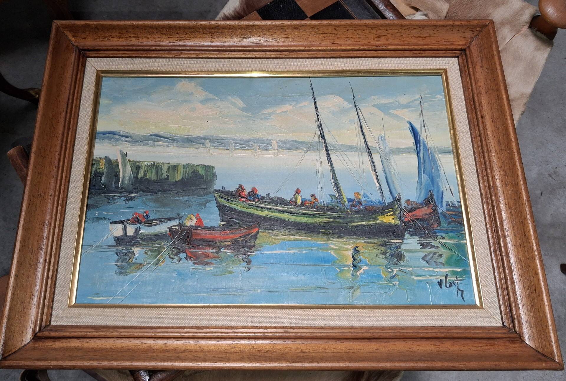 Animated marine scene – Oil on canvas signed V. Le T. (to be identified)