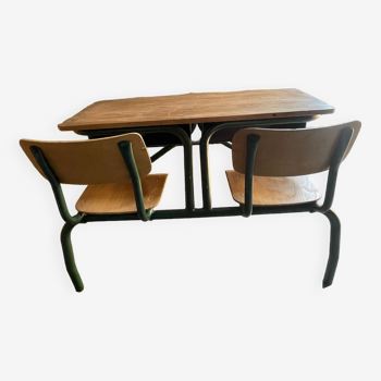 Two-seater wooden school desk with metal legs