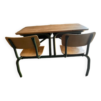 Two-seater wooden school desk with metal legs