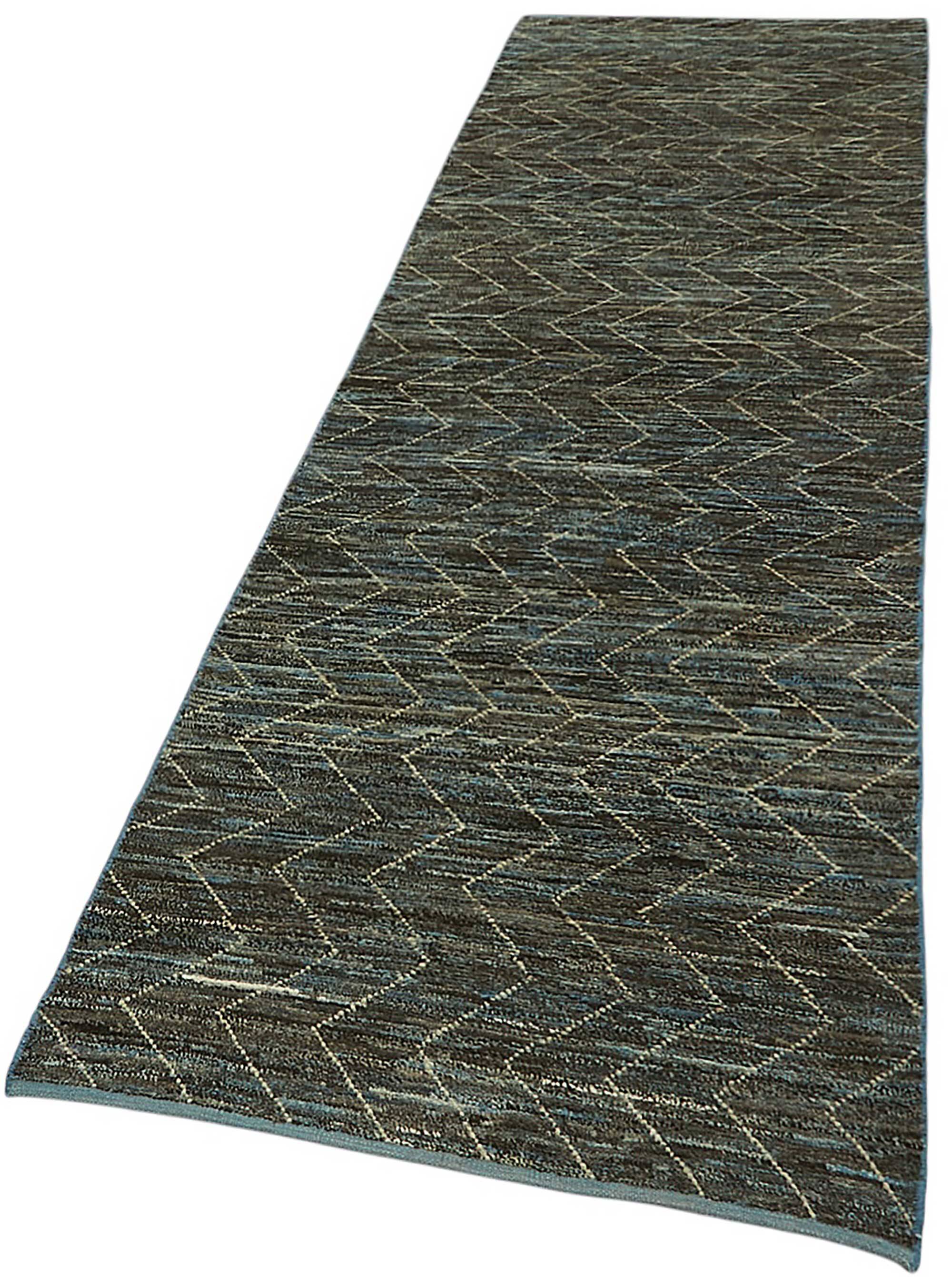 Handwoven Turkish Rustic 86 cm x 343 cm Blue Wool Runner Carpet