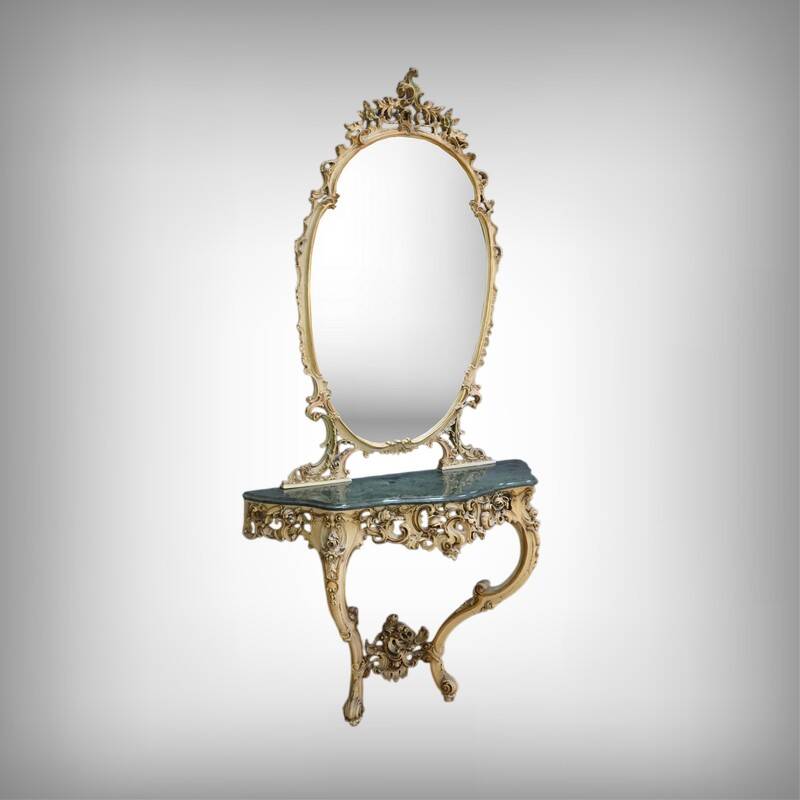 Painted Wooden Console-Mirror Set – 20th Century