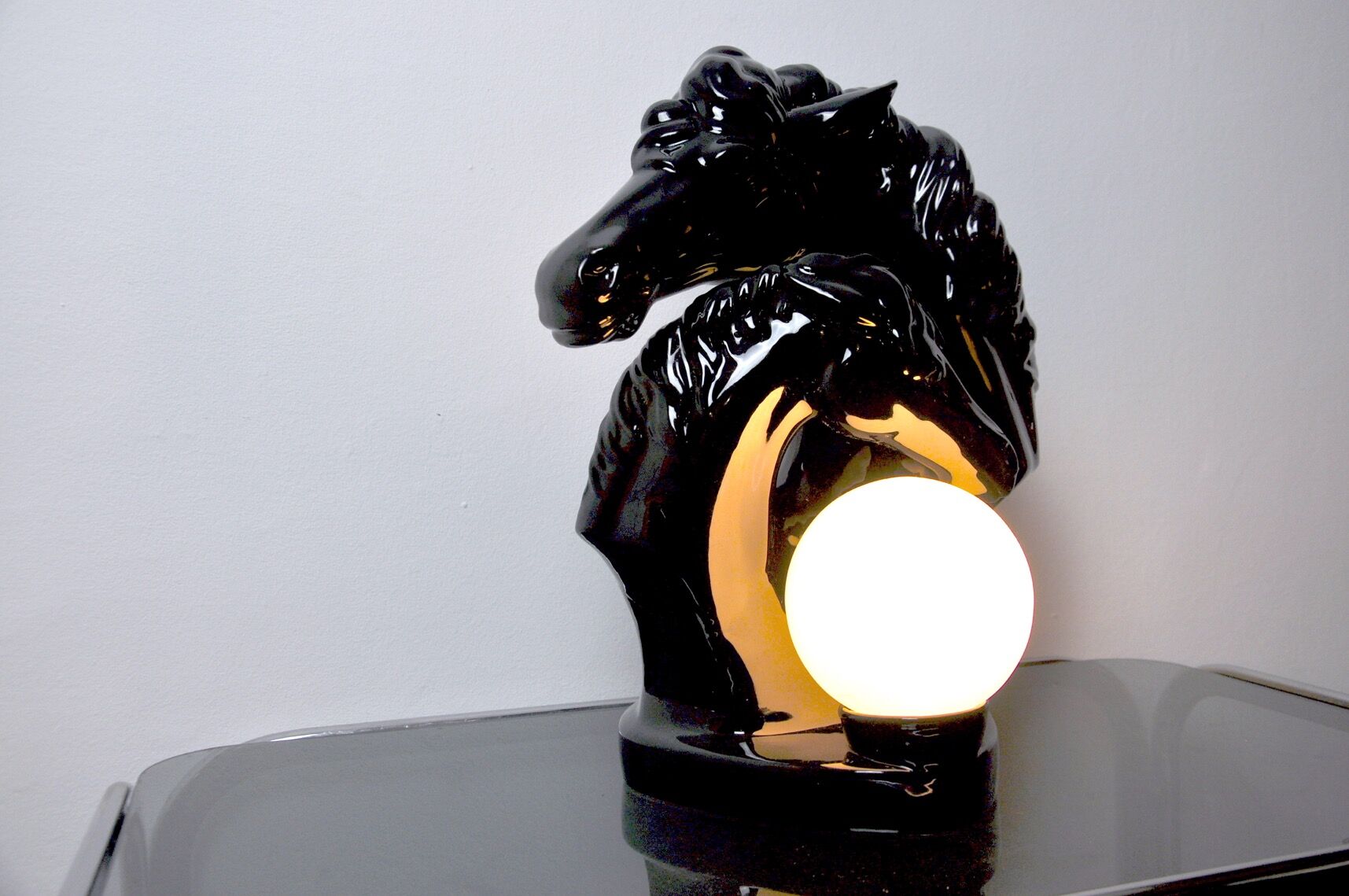 Black ceramic regency "Chevaux" lamp, France, 1980