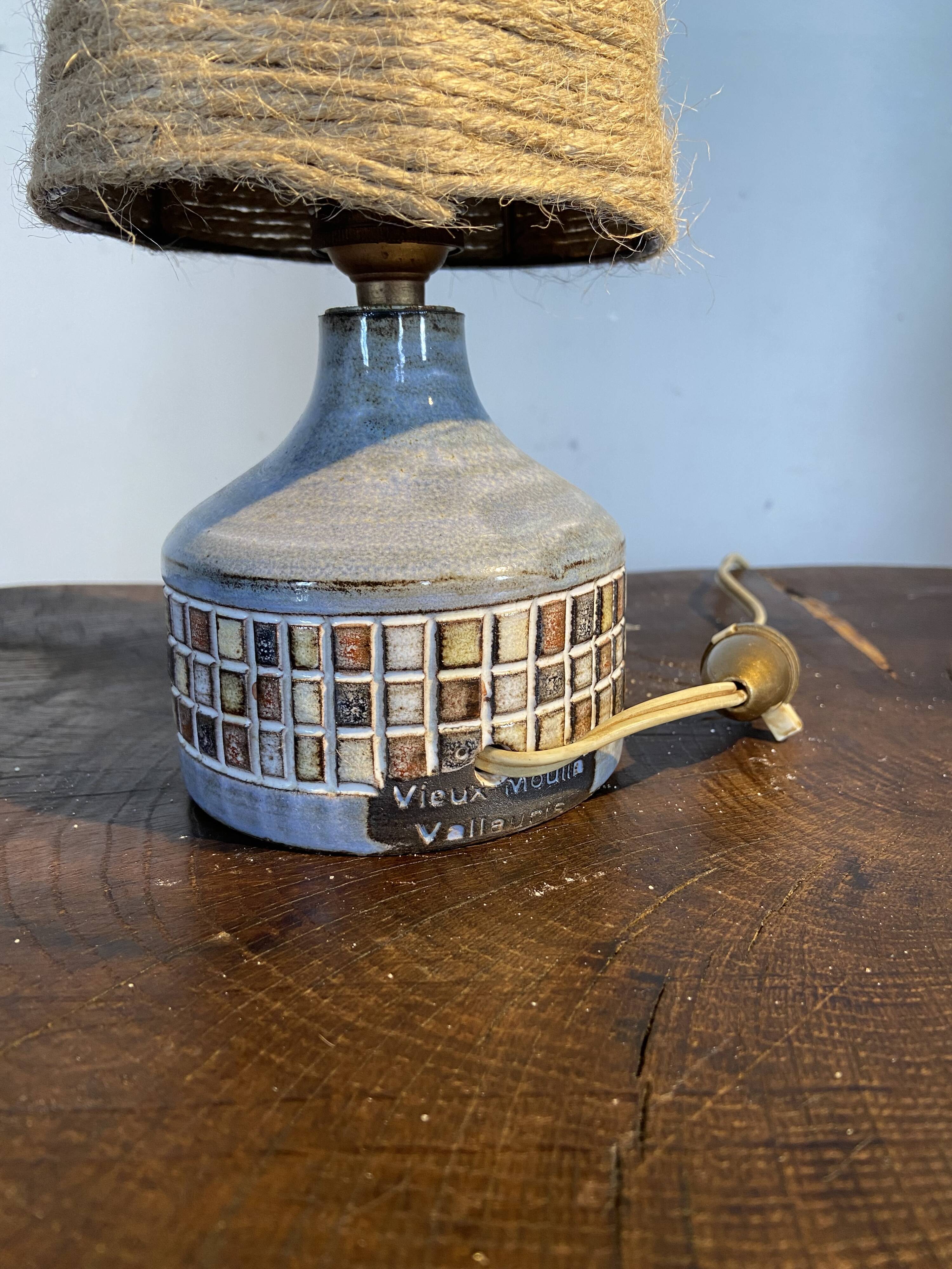 Ceramic lamp Vallauris Old Mill year 60 lampshade rope