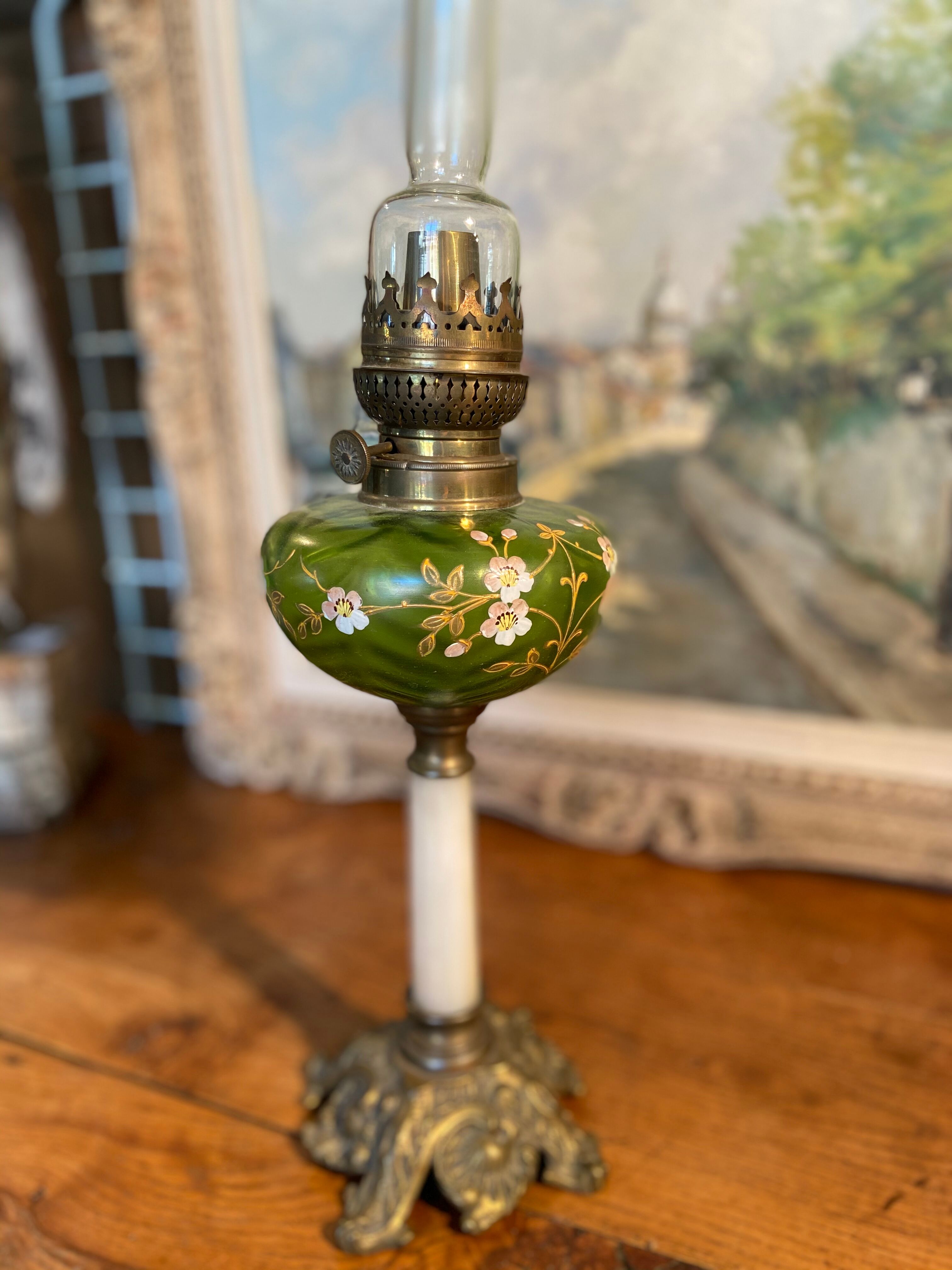 Oil lamp, bronze, onyx and glass